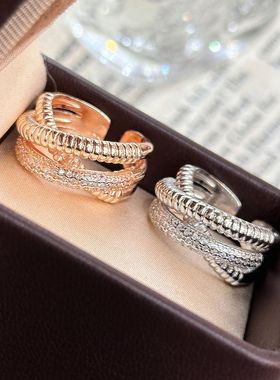 欧美时尚镶嵌锆石滚珠交叉款气质戒指法式宫廷风多层缠绕戒指