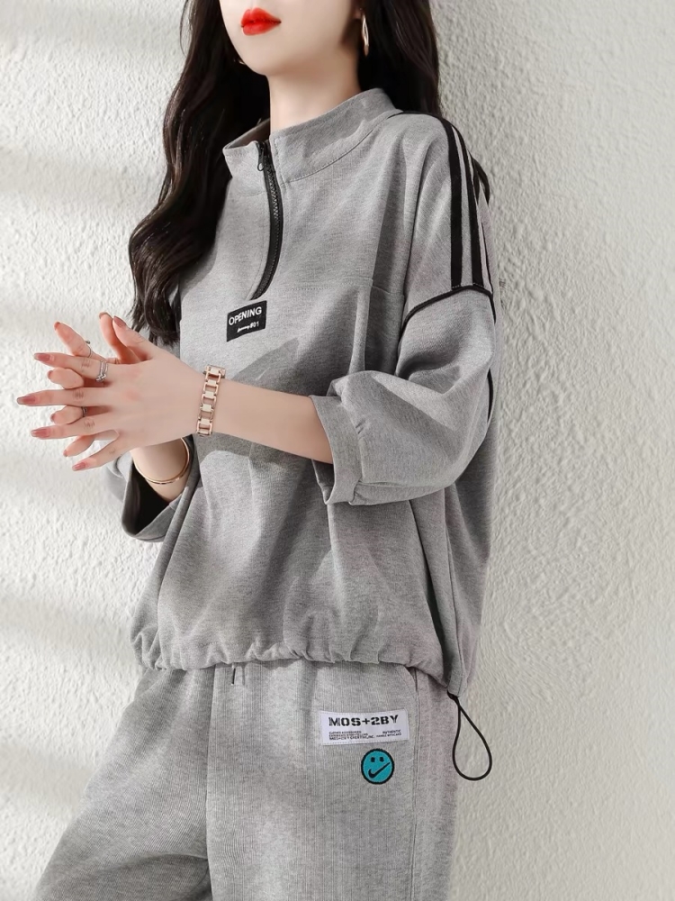 灰色运动服套装女夏薄款七分袖2025年韩版宽松休闲时尚卫衣两件套