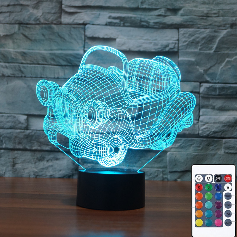 玩具车夜灯桌面遥控发光摆件七彩渐变3d灯led充电床头触摸夜灯