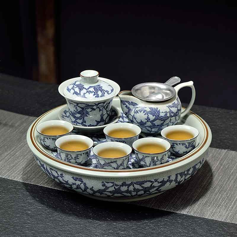 中式陶瓷茶盘茶杯盖碗茶船套装客厅釉中彩套装潮汕功夫茶具10英寸