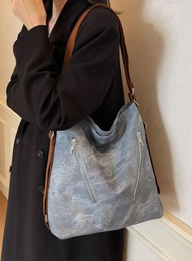 大容量上班通勤托特包包女2024新款蓝色皮质一包三用斜挎包双肩包