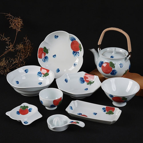 日本进口雅辛窑柿绘餐具手绘日式陶瓷釉下彩茶壶餐盘碗茶杯茶碗