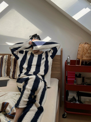 秋冬新款半边绒家居服套装可外穿宽松显瘦保暖睡衣条纹慵懒风