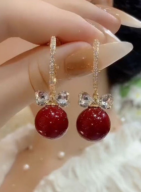 BF红色珍珠气质耳环女高级感轻奢蝴蝶结耳坠新款潮网红银针耳饰