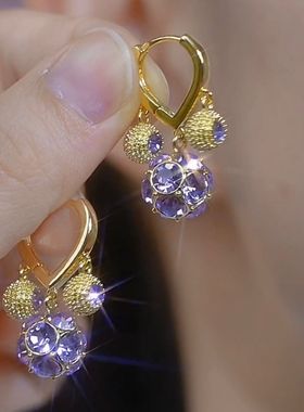 BF精致时尚高级感紫色钻球榴莲耳扣女气质百搭2024网红新款小众耳