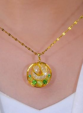 BF小众设计感绿色猫眼石网纱吊坠项链女新款爆款气质高级感锁骨链