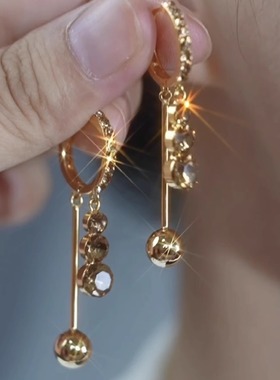 BF高级感紫色水晶球球流苏耳扣2024新款时尚个性百搭设计感耳环耳