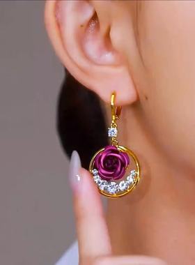 BF2025新款高贵典雅紫色玫瑰水钻耳坠复古轻奢宫廷风精致气质女神