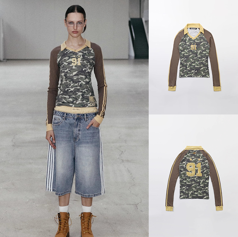 韩国badblood迷彩正肩长袖t恤女早秋美式辣妹收腰显瘦修身上衣潮