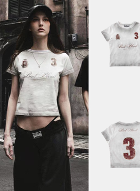 韩国badblood美式小众圆领短款T恤女夏季辣妹印花做旧扎染上衣潮