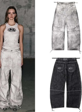 韩国badblood美式复古街头水洗做旧脏染牛仔裤宽松休闲阔腿弯刀裤