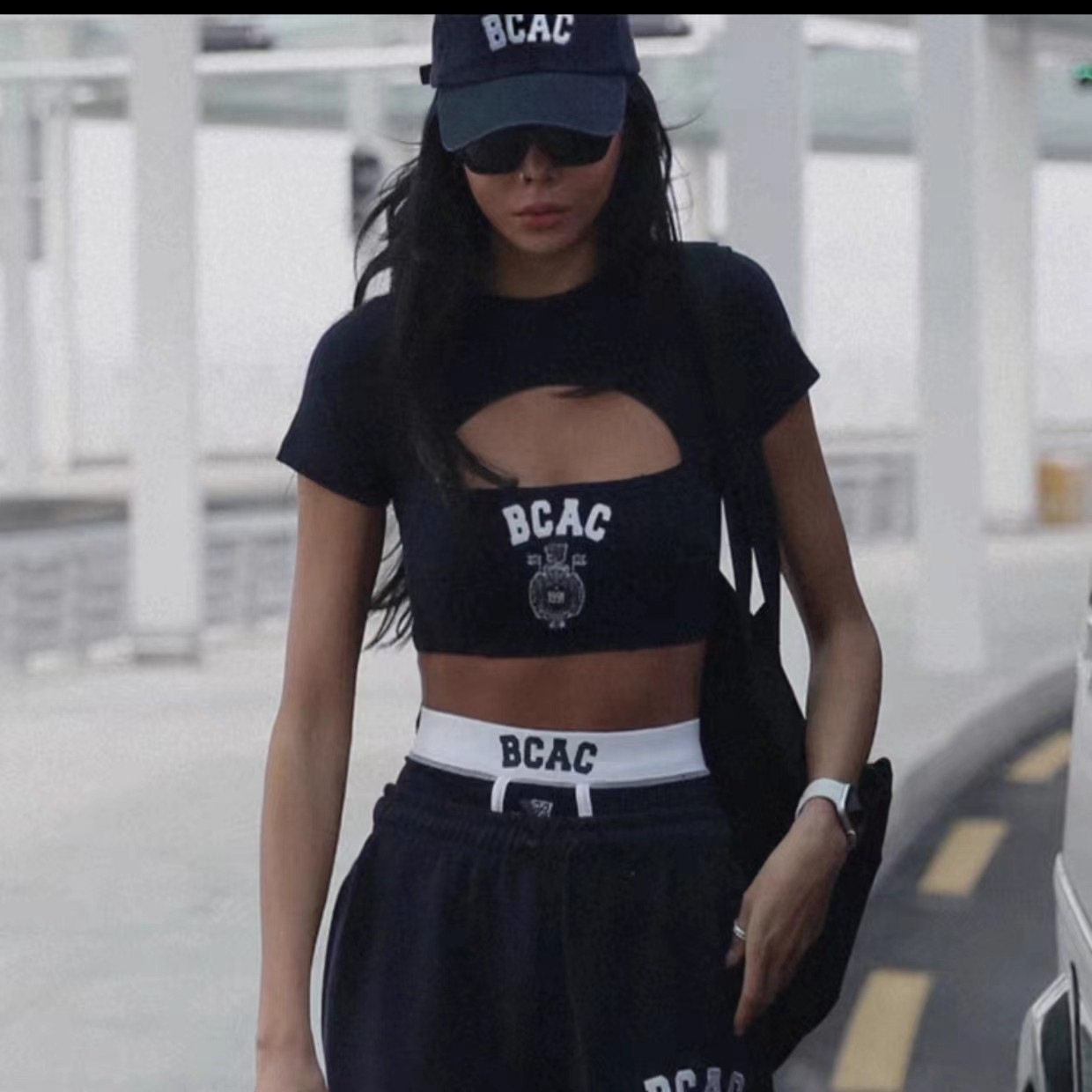 韩国badblood短款运动裹胸背心女小众辣妹刺绣露脐紧身短袖上衣 - 实物图