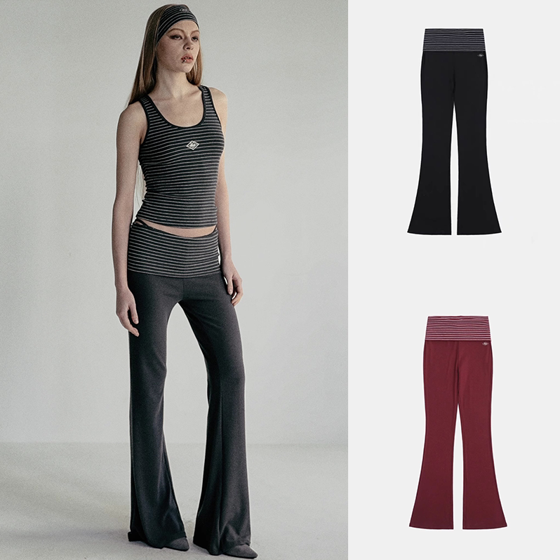 韩国Badblood折叠腰微喇长裤女复古条纹弹力显瘦运动瑜伽裤休闲裤