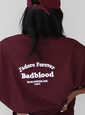 韩国潮牌badblood字母刺绣短袖体恤女周雨彤同款酒红色纯棉t恤