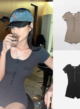 韩国badblood欧美圆领短袖连体裤女辣妹运动修身高弹紧身休闲上衣