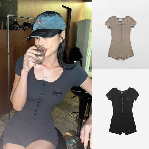 韩国badblood欧美圆领短袖连体裤女辣妹运动修身高弹紧身休闲上衣