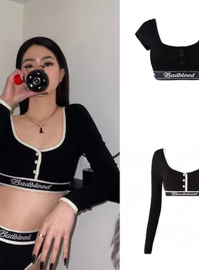韩国badblood长袖T恤U领上衣女美式辣妹短款小众休闲运动背心打底