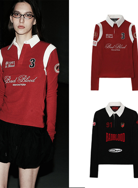 韩国badblood美式复古拼接撞色polo衫刺绣长袖休闲打底早秋新款