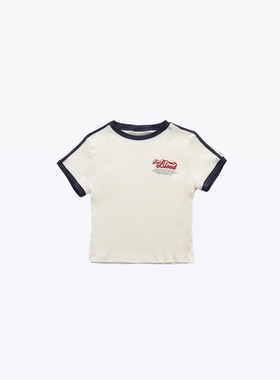 韩国badblood复古徽标t恤女新款小众正肩圆领拼色短款修身上衣夏