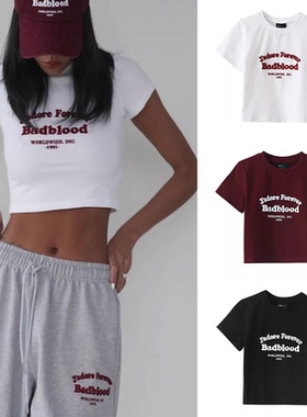 韩国badblood短款露腰辣妹T恤女春夏新款圆领修身纯棉短袖上衣