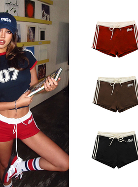 韩国badblood运动平角短裤女美式复古小众设计感健身跳舞抽绳短裤