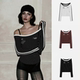 韩国badblood复古条纹撞色刺绣T恤女港风纯欲修身 显瘦露肩小上衣