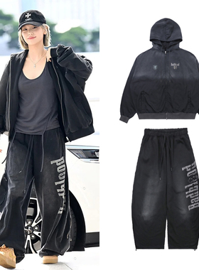 黄礼志yeji同款badblood美式做旧水洗卫衣套装字母连帽拉链外套潮