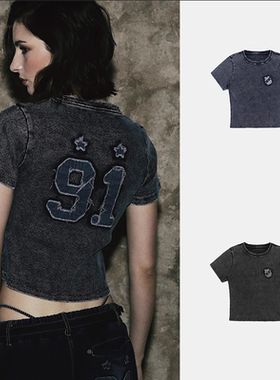 韩国badblood新款锈色牛仔修身T恤女水洗做旧辣妹圆领短款上衣潮