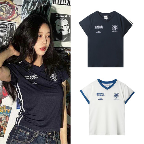 韩国潮牌Badblood美式复古V领短袖球衣辣妹短款修身显瘦T恤上衣