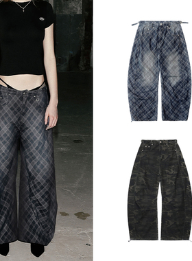 韩国badblood美式复古街头迷彩格纹弯刀阔腿裤辣妹宽松牛仔休闲裤