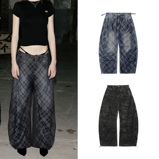 辣妹宽松牛仔休闲裤 韩国badblood美式 复古街头迷彩格纹弯刀阔腿裤