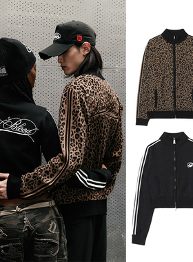 韩国badblood美式复古豹纹立领刺绣拉链针织开衫修身休闲毛衣外套