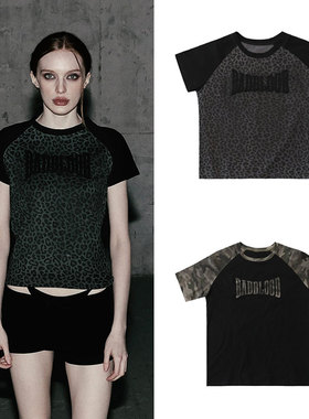韩国badblood夏美式复古辣妹豹纹短袖T恤女修身显瘦辣妹短款上衣