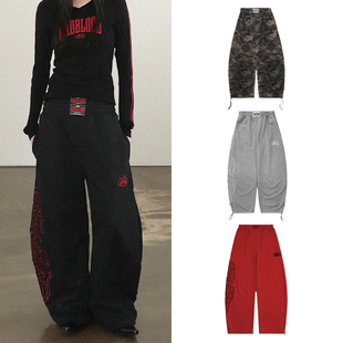 松紧腰阔腿裤 运动跳舞裤 复古刺绣宽松休闲弯刀裤 韩国badblood美式