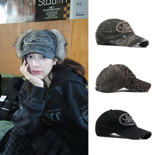 韩国badblood美式复古做旧破洞迷彩豹纹棒球帽街头潮流刺绣鸭舌帽