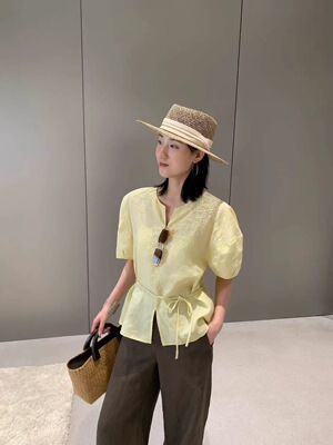 浅之夏QZX10880夏V领收腰绑带短袖衬衫女韩版显瘦苎麻泡泡袖上衣