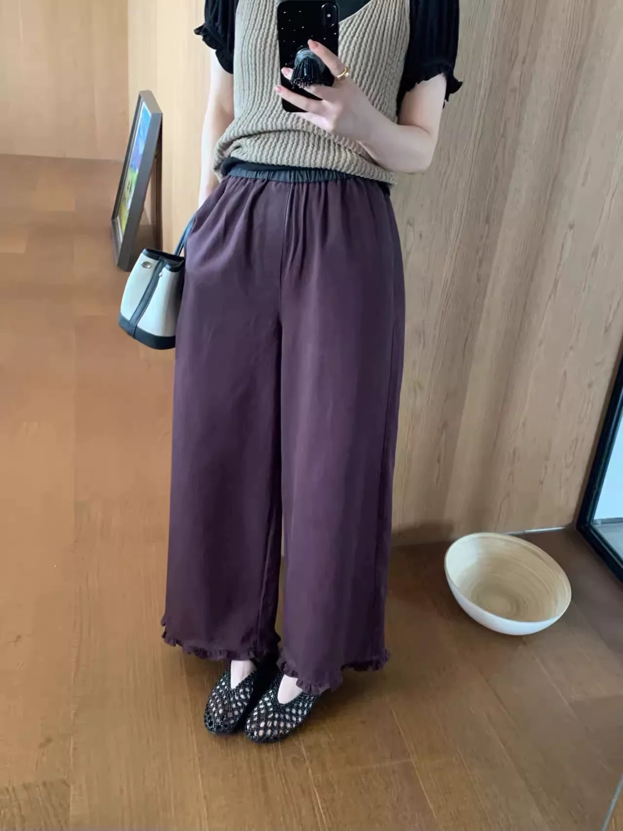 福利卡蔓OQQO167秋装新款韩系松紧腰宽松木耳花边阔腿裤