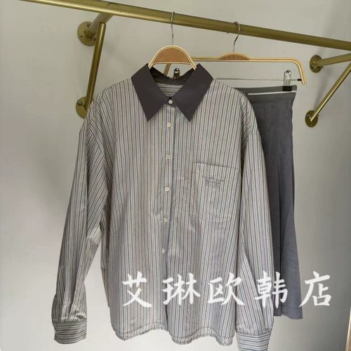 QS67042秋装新款韩系翻领刺绣宽松休闲条纹全棉长袖衬衫女