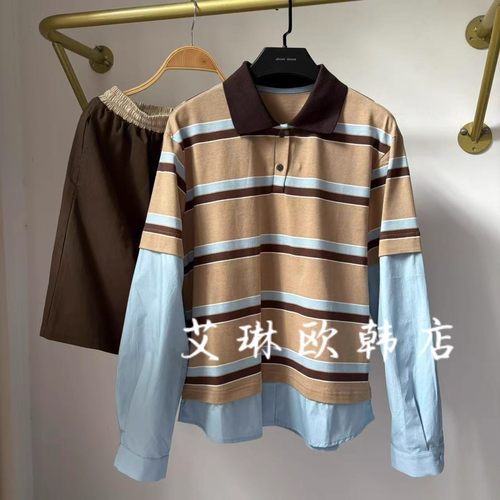 67041条纹POLO翻领假两件T恤女