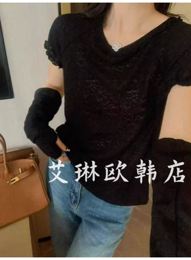 X.XIU新袖89135~秋装新款韩系花边圆领带袖套短袖T恤上衣女