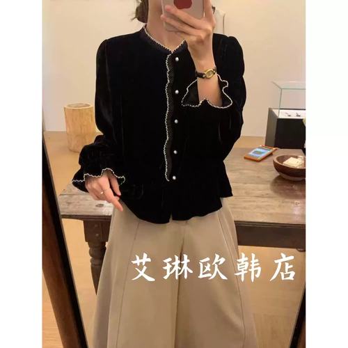 miluroom sicily米鹿9163秋季新款赫本风珍珠扣压边丝绒长袖小衫