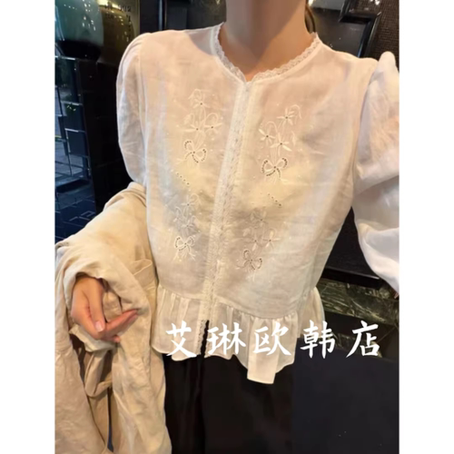 2.27~ouur sicily米鹿1208韩系春款绣花蕾丝荷叶边长袖苎麻衬衫女