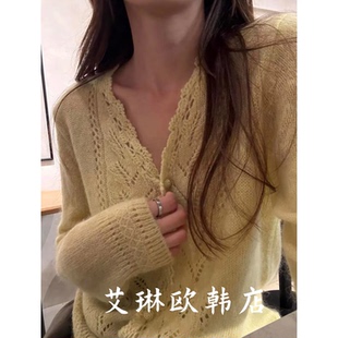 miluroom sicily米鹿58566秋款韩系V领镂空显示针织开衫毛衣女