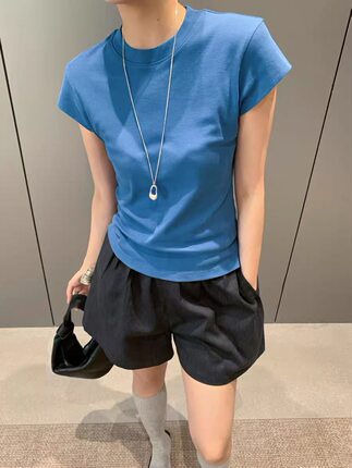 卡蔓OQQOMM599韩系圆领小飞袖全棉短款T恤女夏季小个子百搭上衣