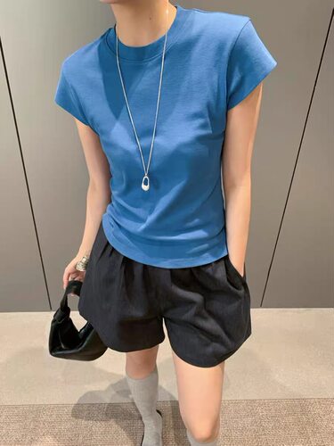 卡蔓OQQOMM599韩系圆领小飞袖全棉短款T恤女夏季小个子百搭上衣