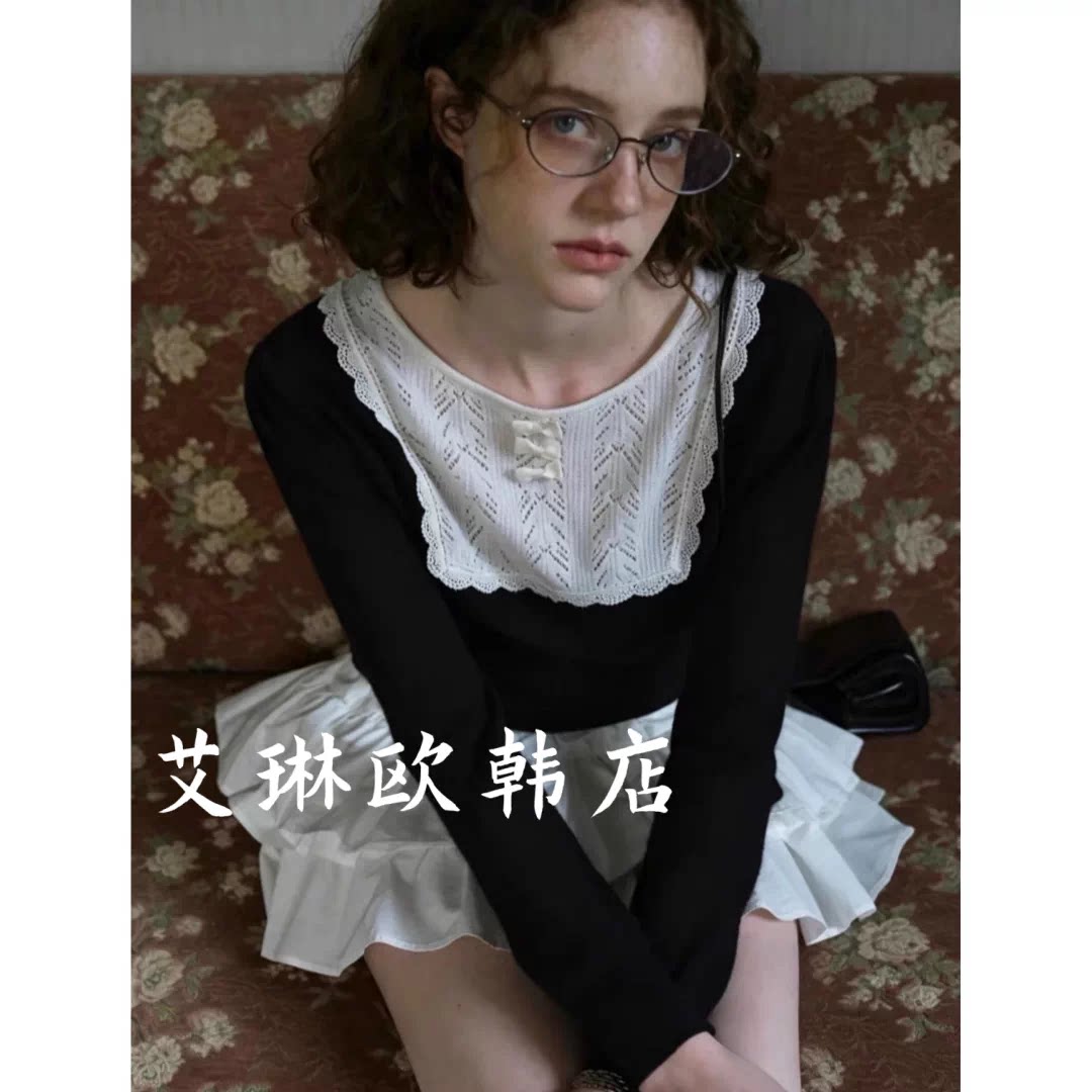 禁止机洗~QSonetwo20215秋款小香风圆领蕾丝拼接蝴蝶结针织衫女图片