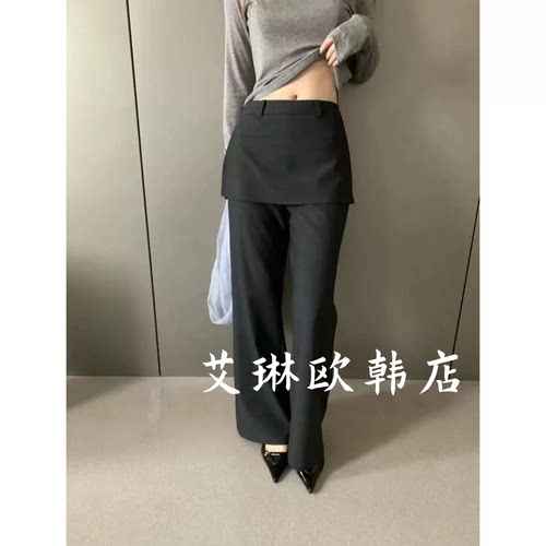卡蔓诗OQQO MM721早秋高腰显瘦直筒微喇裤女假两件屁帘西裤女
