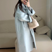 秋冬韩系新款 蓝色双面羊绒大衣女小个子毛呢外套风衣温柔中长高级