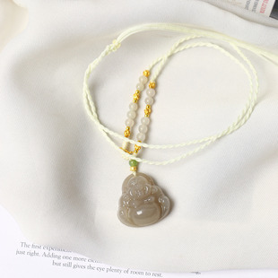 玉石毛衣链挂坠饰品 女款 天然和田玉冰料烟灰雕刻弥勒佛款 吊坠