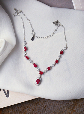 精品彩宝天然老烧红宝石纯银镶嵌款项链女款精工银镶嵌宝石饰品